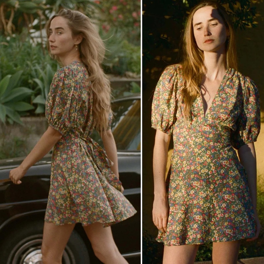 Doen Emilia Mini Dress Green Valley Floral V neck Yellow Ribbon Red Size XXL